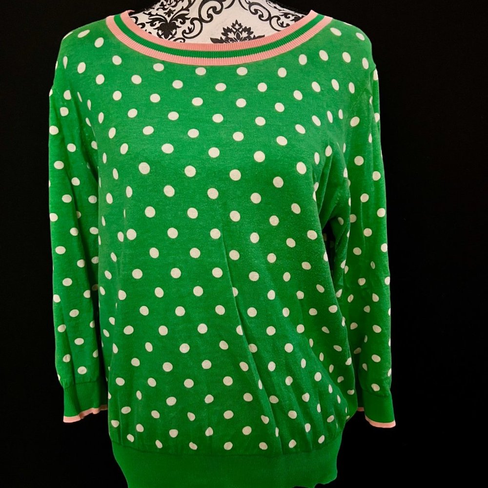 J. Crew Kelly Green & White Polka Dot 3/4 Length Sleeve Sweater Size XL